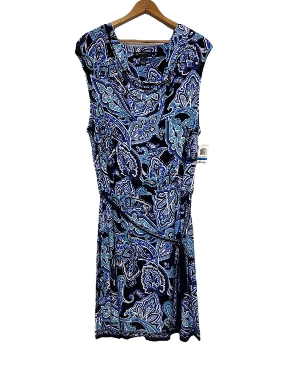 INC International Concepts Cowl Neck Stretch Jersey Dress Blue Paisley